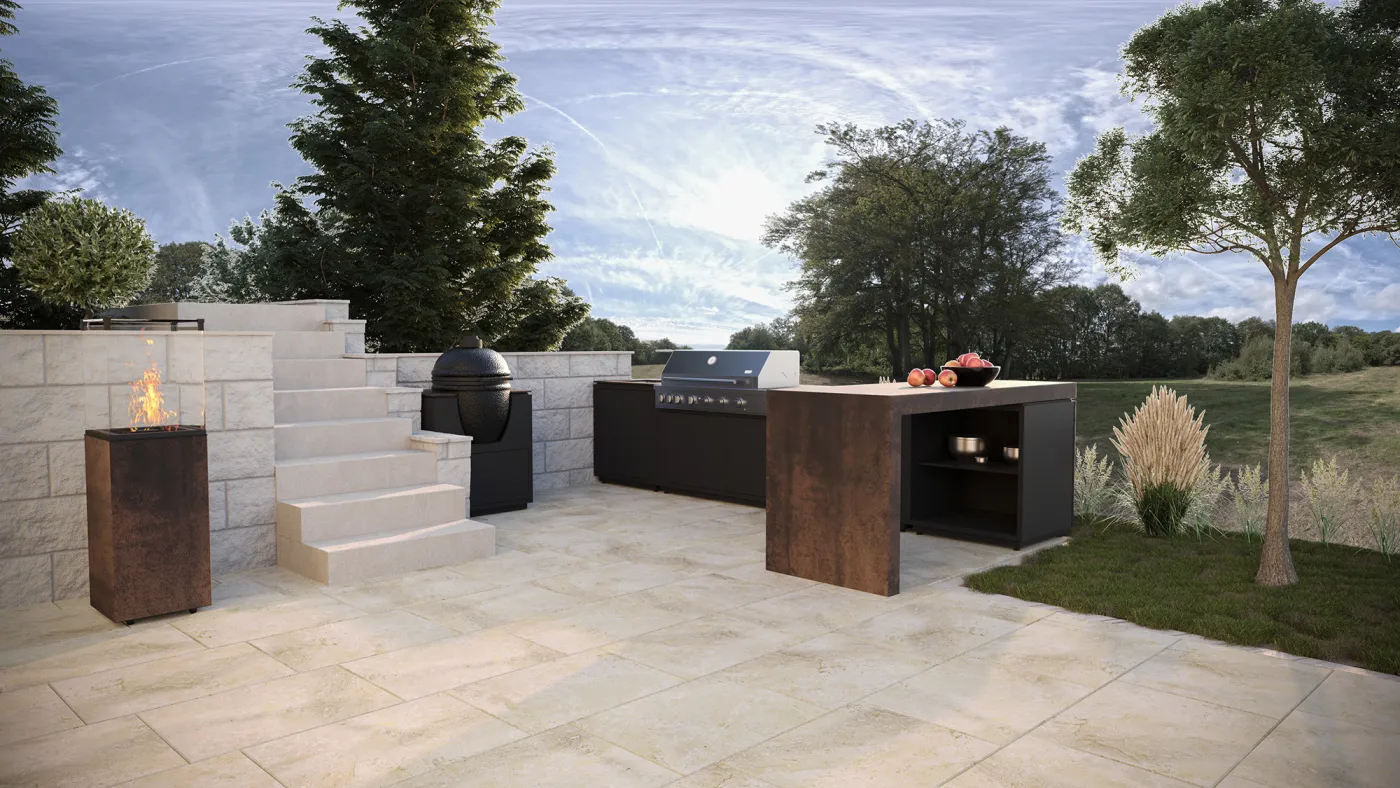 CB Outdoor Kitchen – komplette Außenküche auf der Terrasse mit Iron-Corten-Insel, Gasgrill und Kamado-Grill