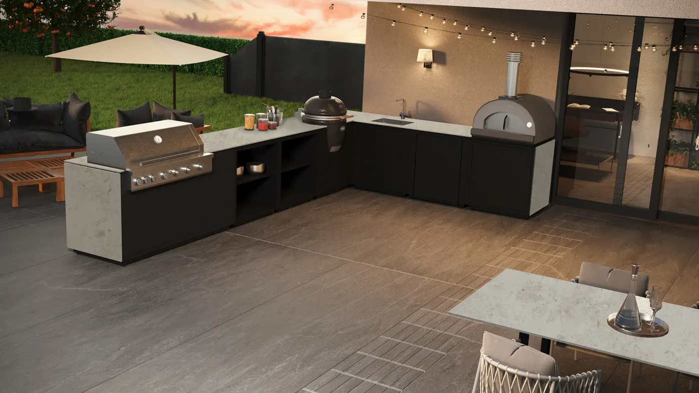 CB Outdoor Kitchen – komplette modulare Edelstahl-Außenküche mit Gasgrill, Kamado und Pizzaofen auf der Terrasse, Made in Germany, kaufen in Würzburg