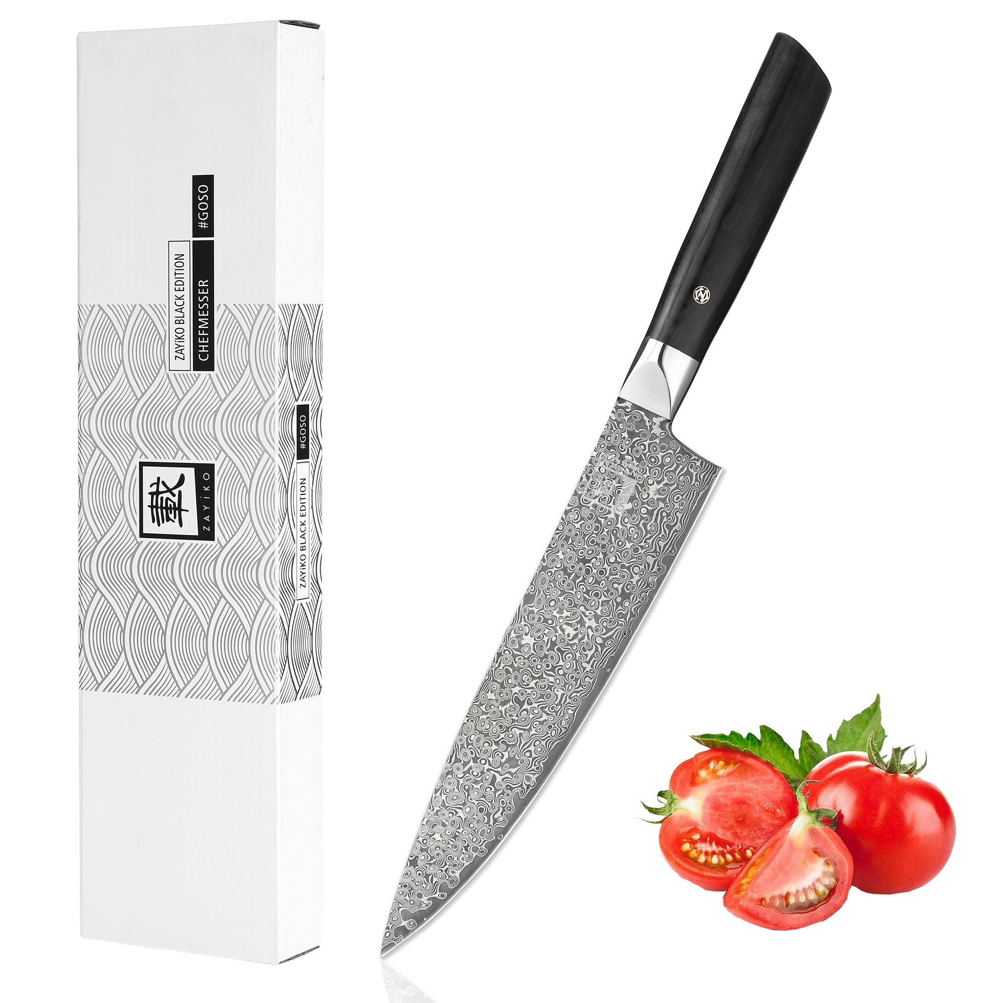 Chefmesser Gyuto I 20 cm Klinge aus 67 Lagen dunklem Damaststahl I Pakkaholzgriff