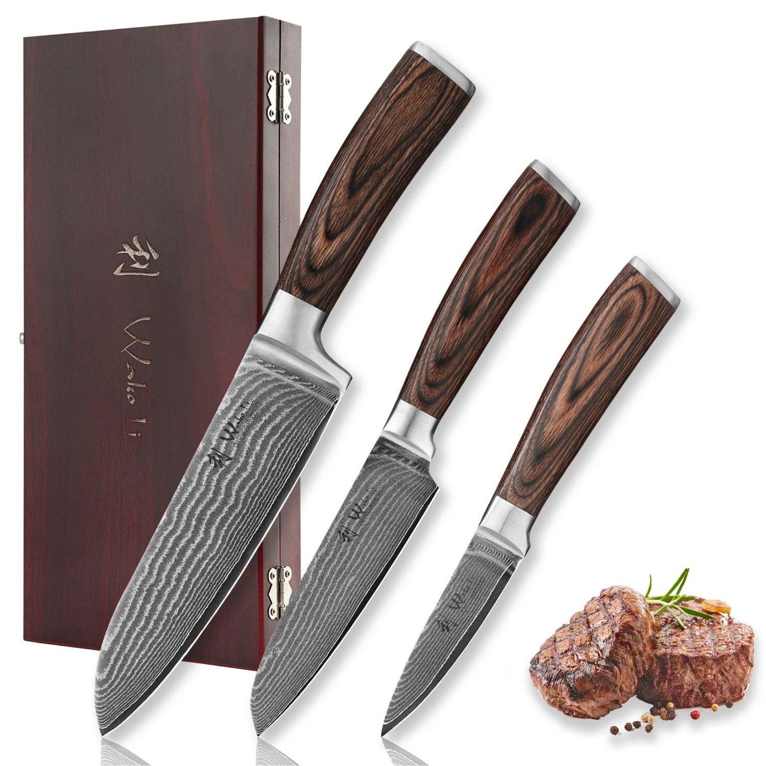 Wakoli EDIB Damastmesser-Set, 8,5 bis 17 cm Damastklinge