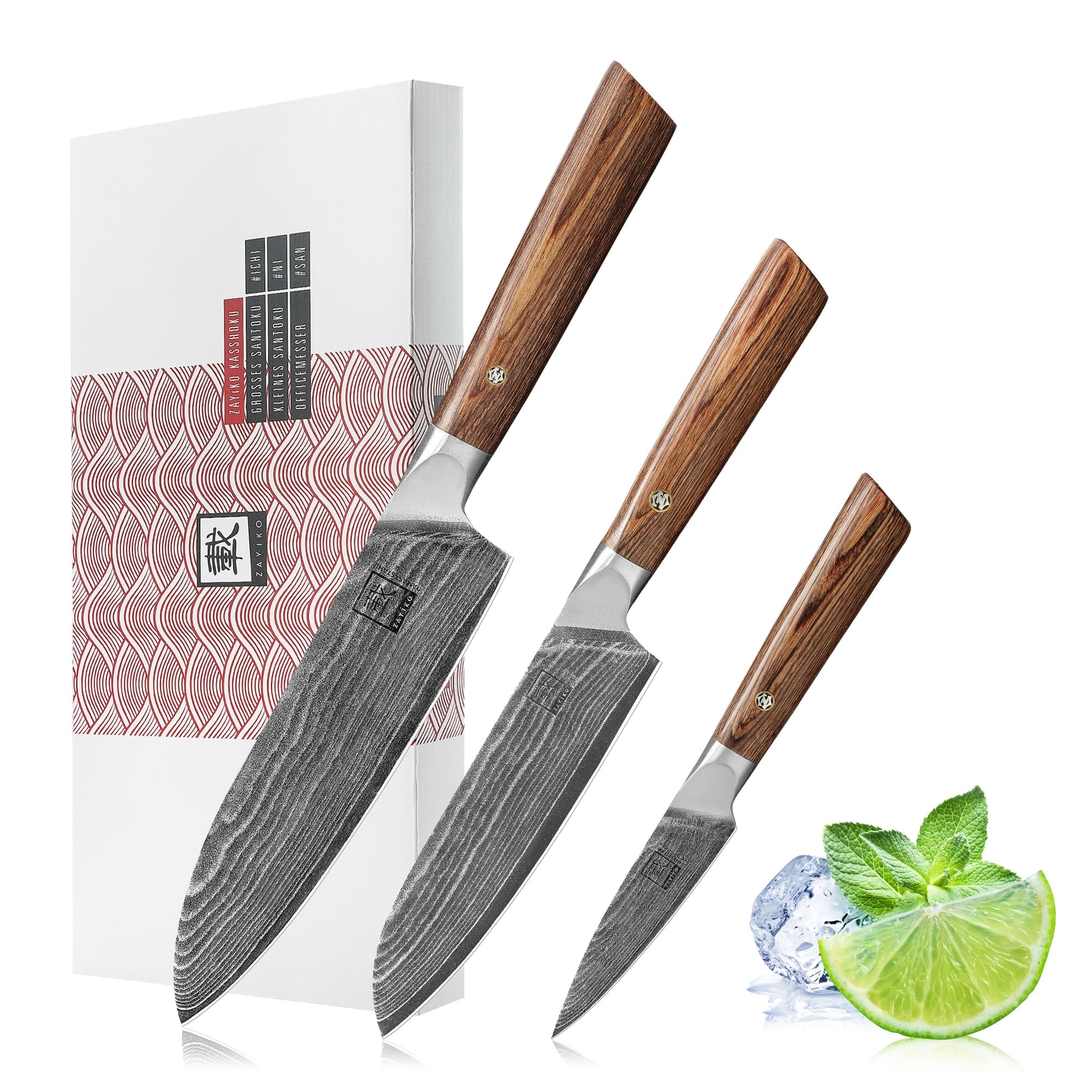 Zayiko Kasshoku 3er Damastmesser-Set – Santokumesser und Officemesser