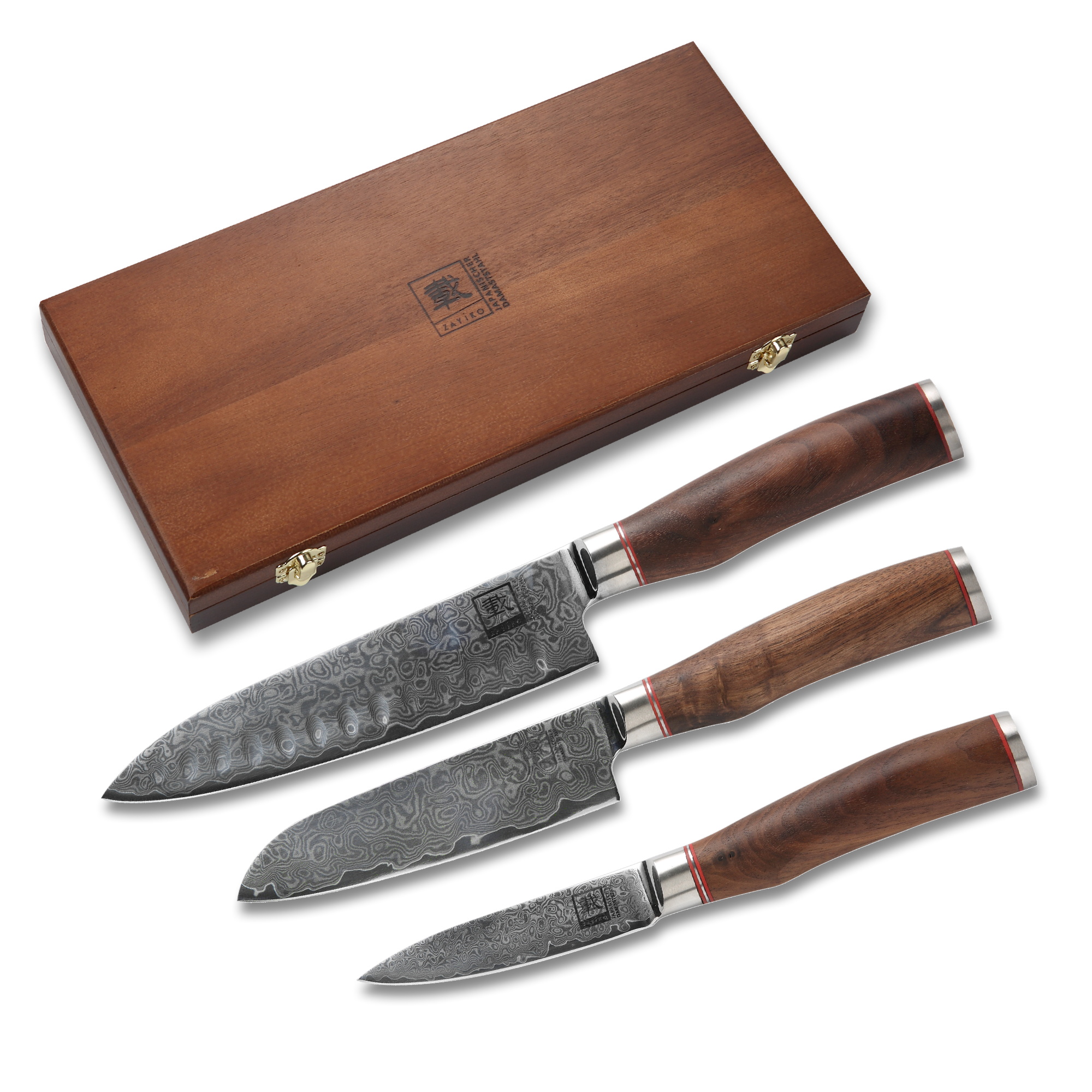 Zayiko Kurumi 3er Damastmesser-Set I 9,5-17,5 cm Klingen I Nussbaumgriffe I Holzbox