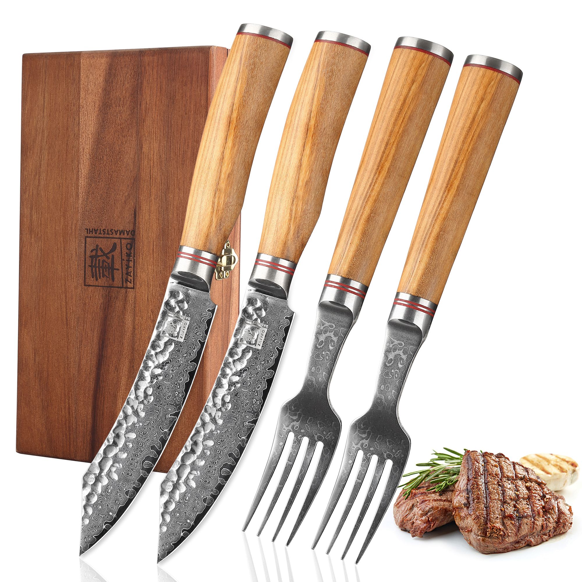 Zayiko Minami Olive Steakmesser- & Gabel-Set – 12 cm Damastklinge