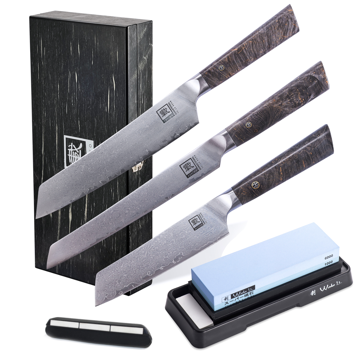 Zayiko 3er Damastmesser Set Professional Series - Klingen von 12,50 bis 20,00 cm Länge, mit Ahornholzgriff, Holzbox, inkl. Kombischleifstein Körnung #1000/6000 und Schleifhilfe