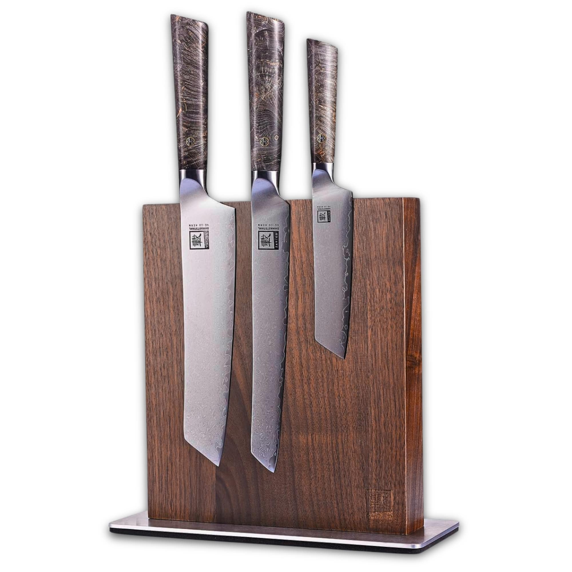 Zayiko 3er Damastmesser-Set - hochwertiges Profi Messer mit Ahornholzgriff inkl. magnetischem Messerblock Nussbaum