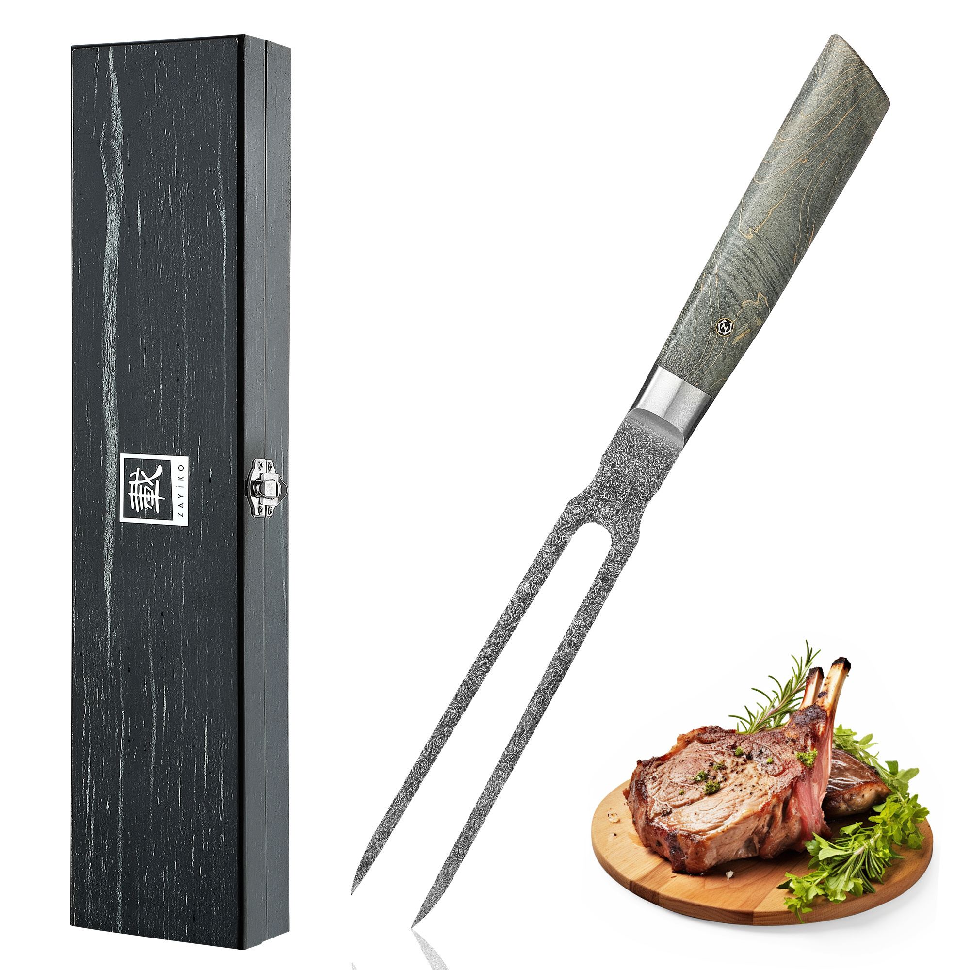 Zayiko Damast Tranchiergabel 18,00 cm Klinge mit Ahornholzgriff Professional Series