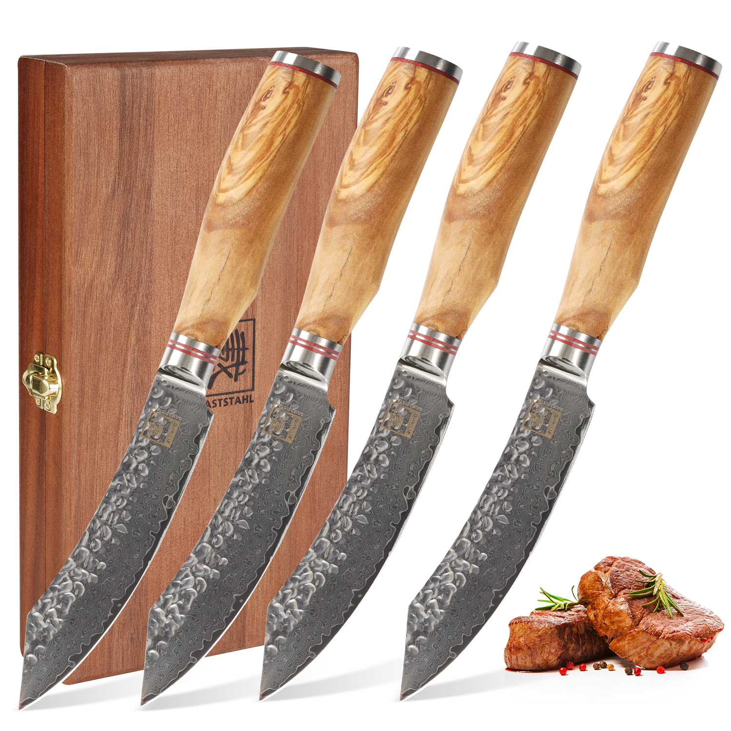 Zayiko Minami Olive 4er Steakmesser-Set – 12 cm Damastklingen